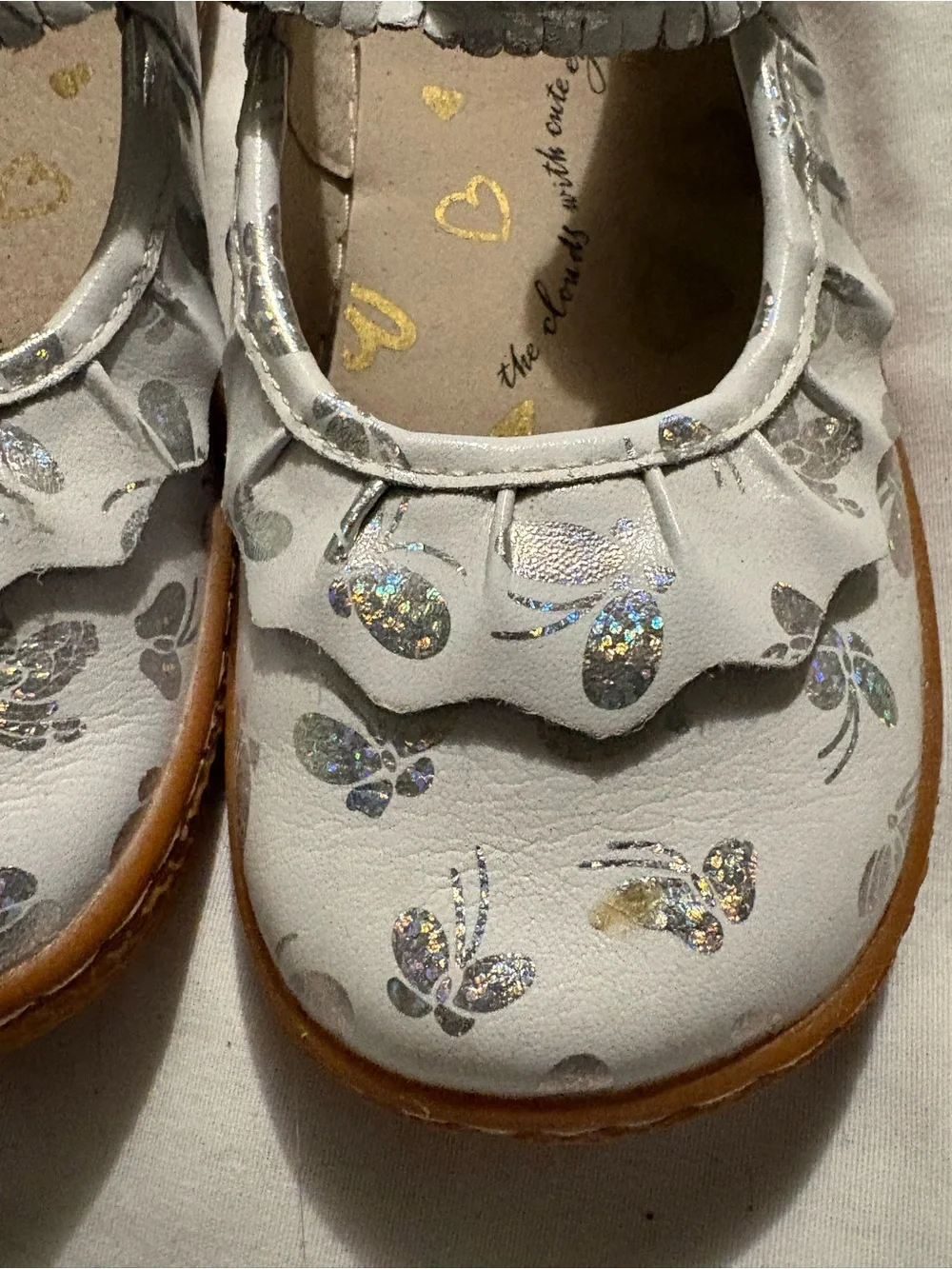 Livie & Luca White Mary Jane Shoes with Silver Holographic Butterflies